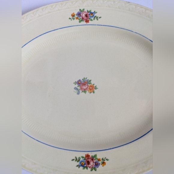 J&G Meakin Vintage Oval Serving Platter Floral Blue Trim Flaws See Description - Picture 3 of 12